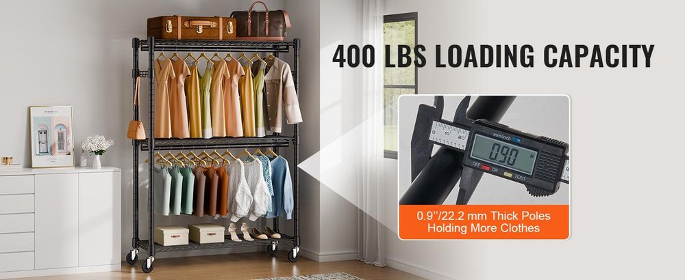 VEVOR 3-lagiger Rollbarer Kleiderständer Garderobenständer Kleiderstangen, 204 cm Höhe Stahl Kleiderständer 182 kg Belastbar, Strapazierfähig Ständer für Schlafzimmer, Wäscheraum, Ankleidezimmer usw.
