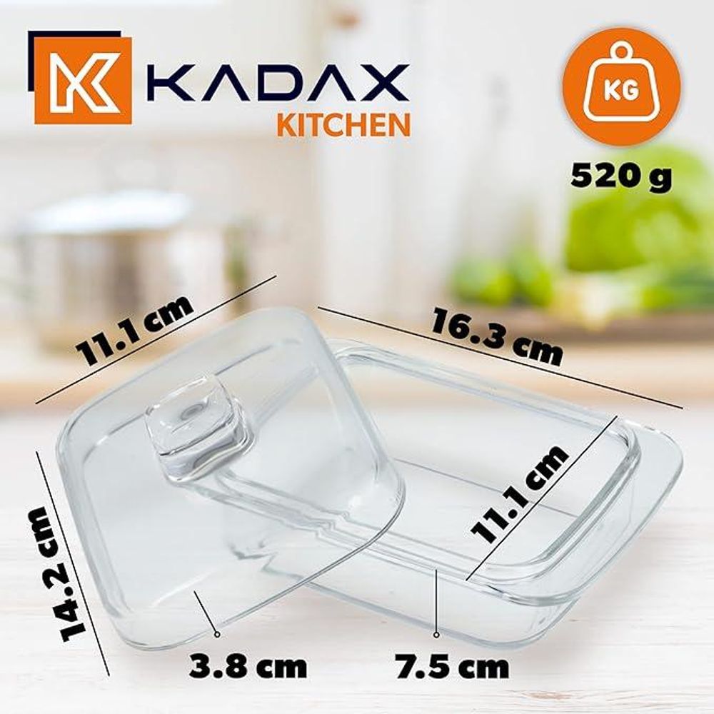 KADAX Butterdose aus Glas "Cavre", Butterglocke, Butterschale mit Deckel und Griff, 16 cm, rechteckige