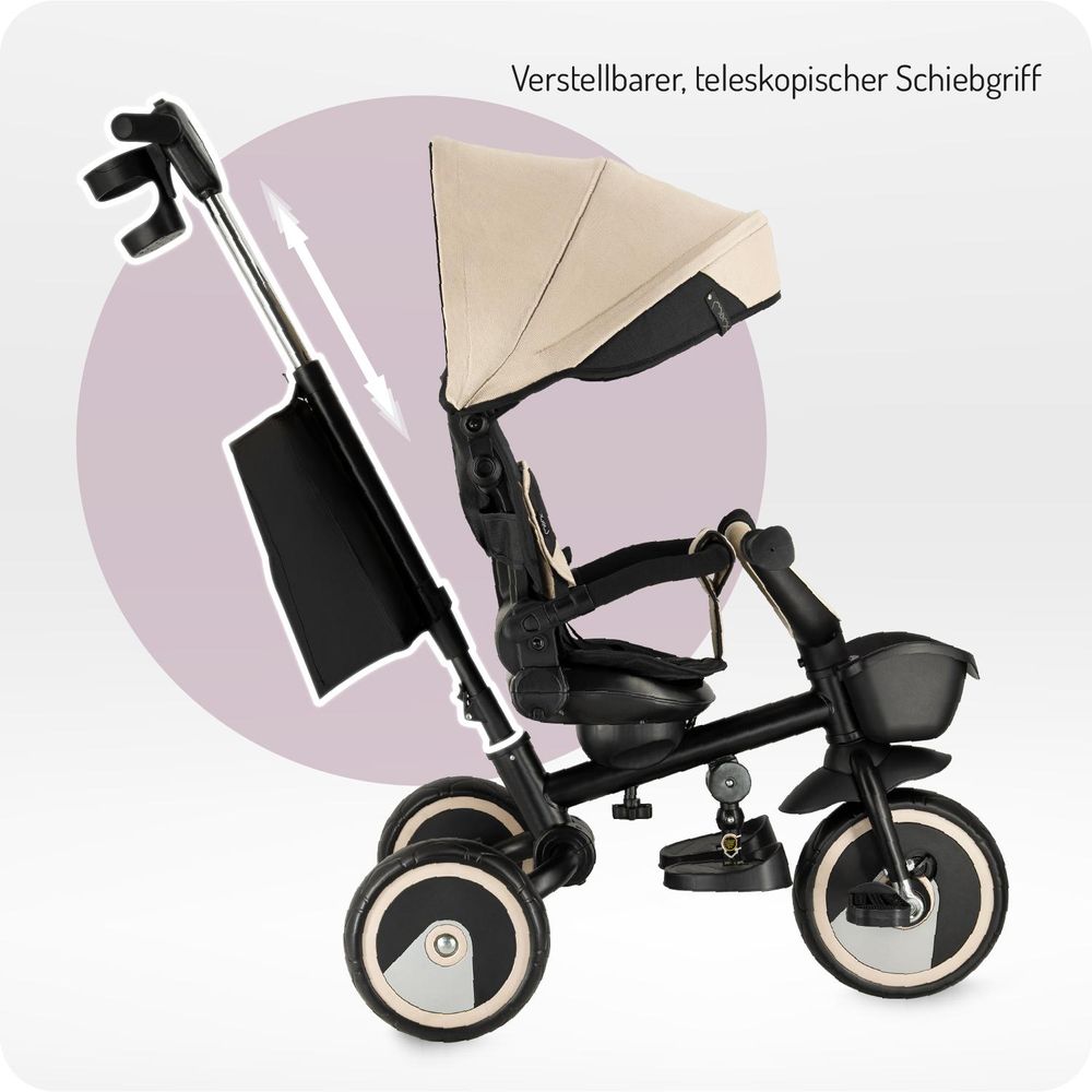 MoMi IVI Kinderdreirad 3-in-1 Beige – 360° drehbarer Sitz, 3-Punkt-Gurt, höhenverstellbare Schiebestange, Sonnendach, PolyurethanRäder, Frontkorb – ab 9 Monaten