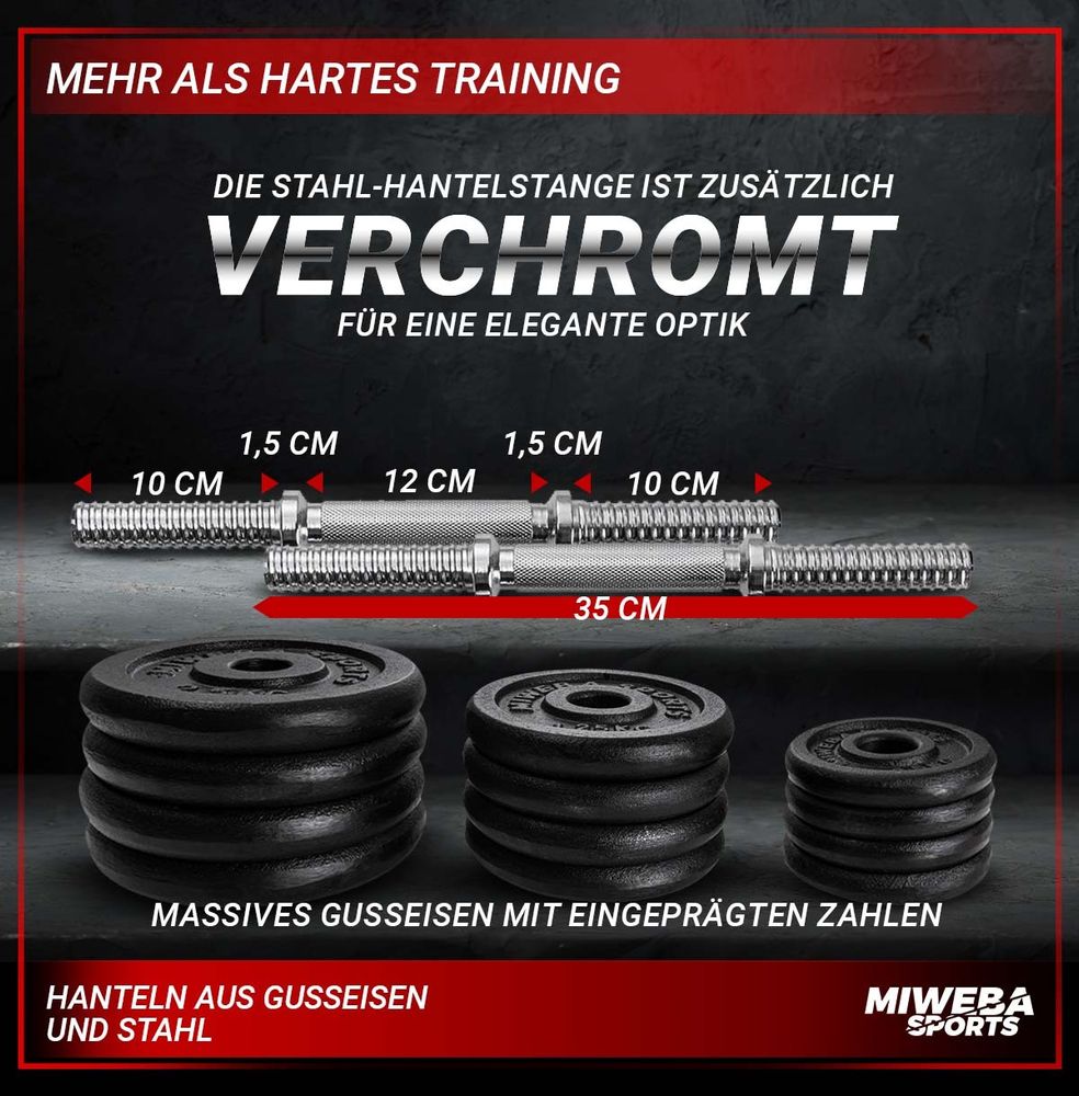 Miweba Sports Hantelset MKH120 | 20 kg - inkl. Kunststoffkoffer - 2x Hantelstange - 4x Sternverschluss - 4x 2,5 kg - 4x 1,25 kg - 4x 0,5 kg (Schwarz)