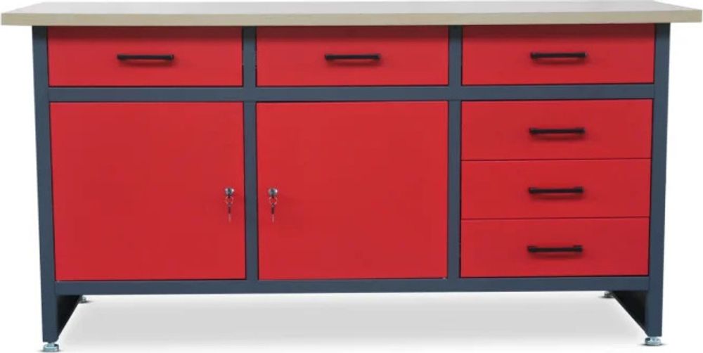 Werkbank mit Arbeitsplatte Werktisch mit 6 Schubladen 2 Schließfächer Verstellbare Füße MDF-Arbeitsplatte Belastbar bis 500 kg Metall 170 cm x 60 cm x 85 cm Farbe: Anthrazit-Rot