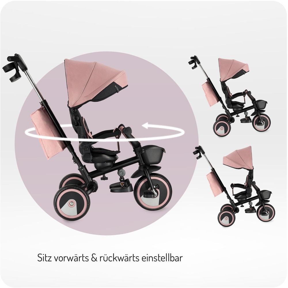 MoMi IVI Kinderdreirad 3-in-1 Rosa – 360° drehbarer Sitz, 3-Punkt-Gurt, höhenverstellbare Schiebestange, Sonnendach, PolyurethanRäder, Frontkorb – ab 9 Monaten