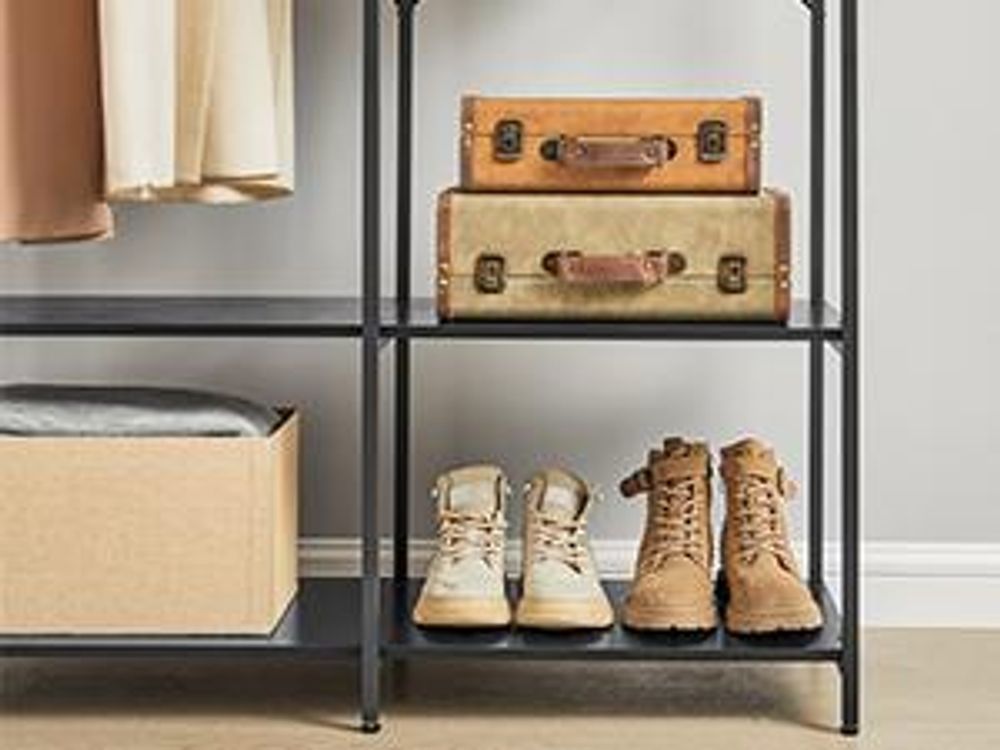 SONGMICS Kleiderschrank offen, Garderobenständer mit Kleiderstange, Ablagen, abnehmbare Haken, 40 x 94,5 x 180 cm, Ebenholzschwarz