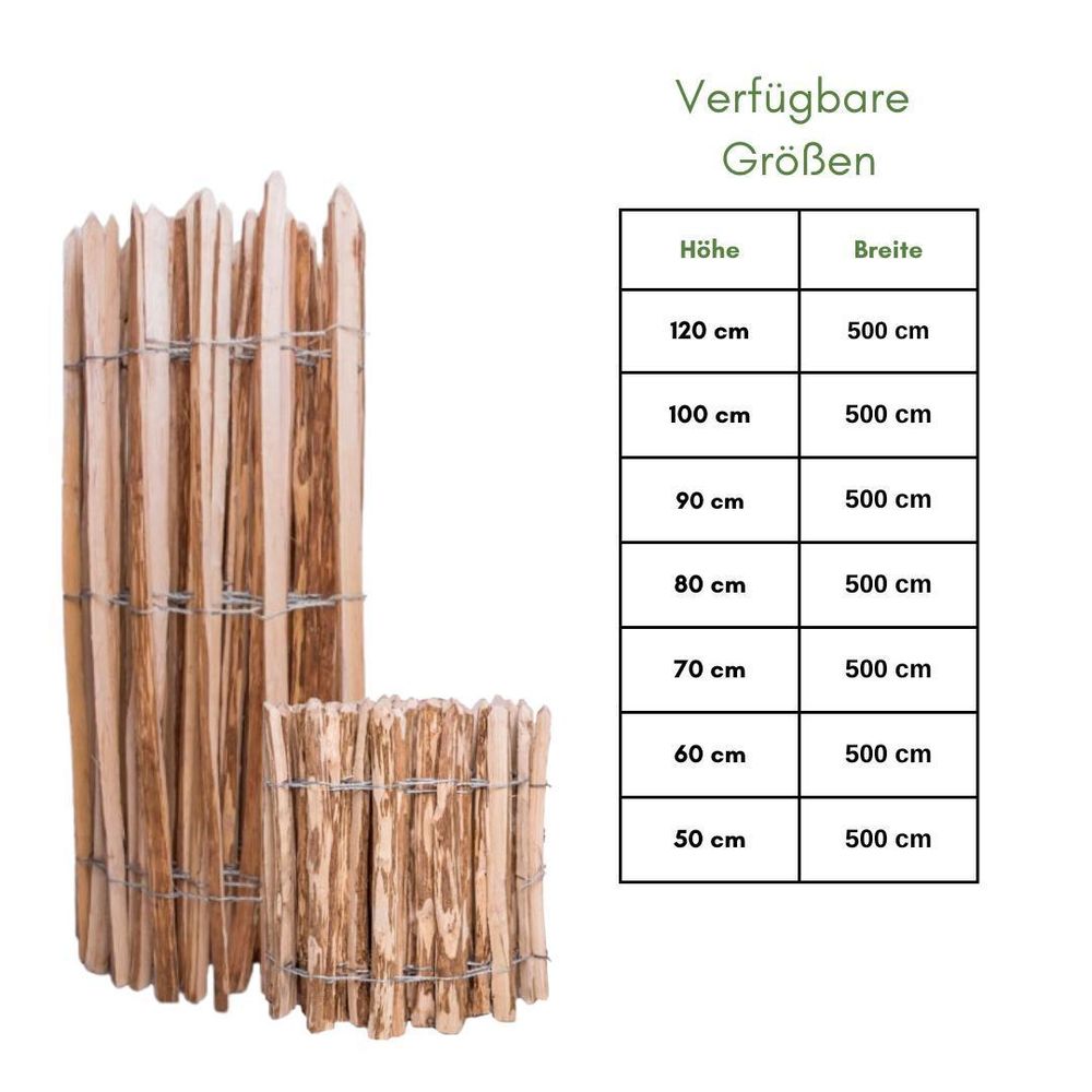 SEVICO 5m Staketenzaun 90cm x 5m mit Lattenabstand 3-4cm Zaunlatte Gartenzaun aus Haselnuss Natur STAHLKRAMPEN GRATIS V22 3-4