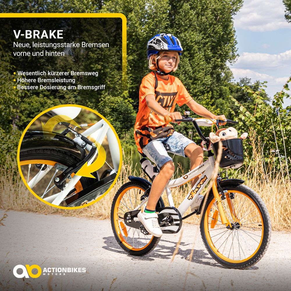Actionbikes Kinderfahrrad Timson 16 Zoll | Kinder Fahrrad - V-Brake Bremsen - Kettenschutz - Fahrradständer - Fahrradkorb - 4-7 Jahre (Orange/Weiß)