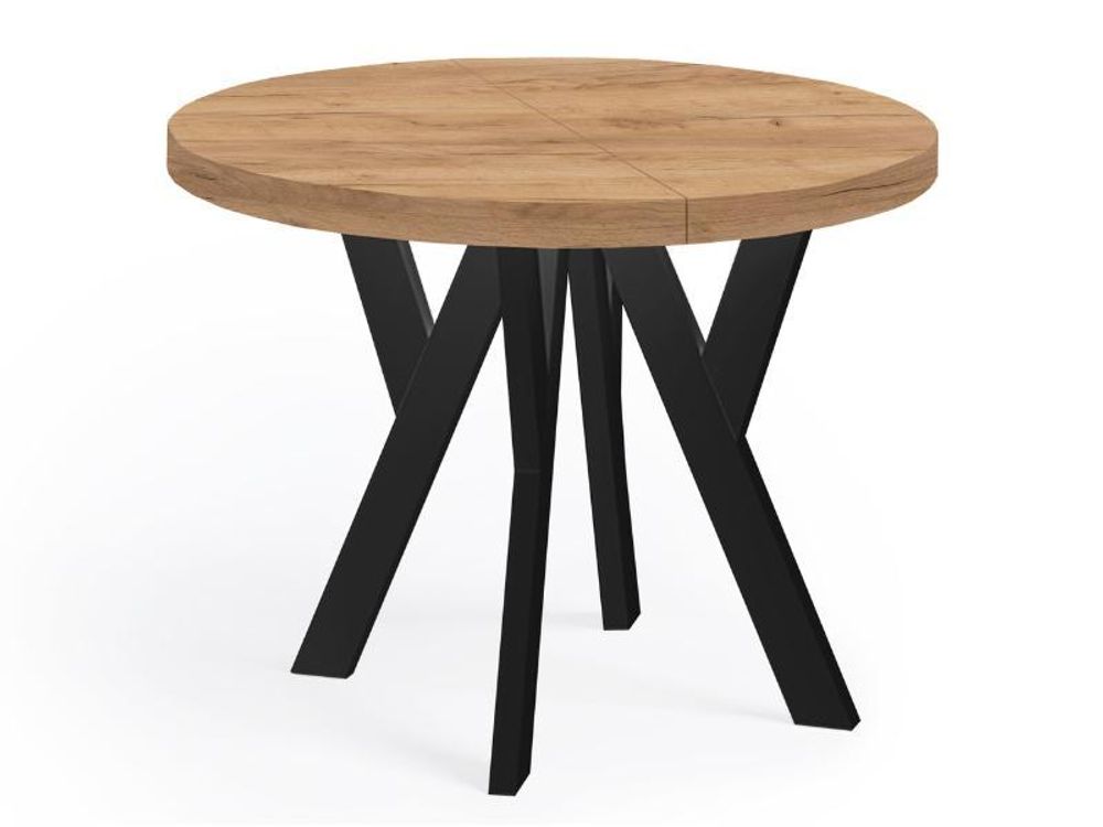 Runder Ausziehbarer Tisch für Esszimmer, PERO, Loft-Stil, Skandinavische, Durchmesser: 90 / 140 cm, Farbe: Eiche Sonoma / Schwarz