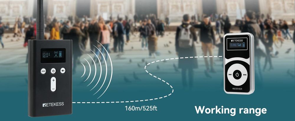 Průvodcovský systém Retekess T130P, průvodcovská sluchátka, odstupňované potlačení hluku, 160 m, dlouhá pohotovostní doba 30 hodin