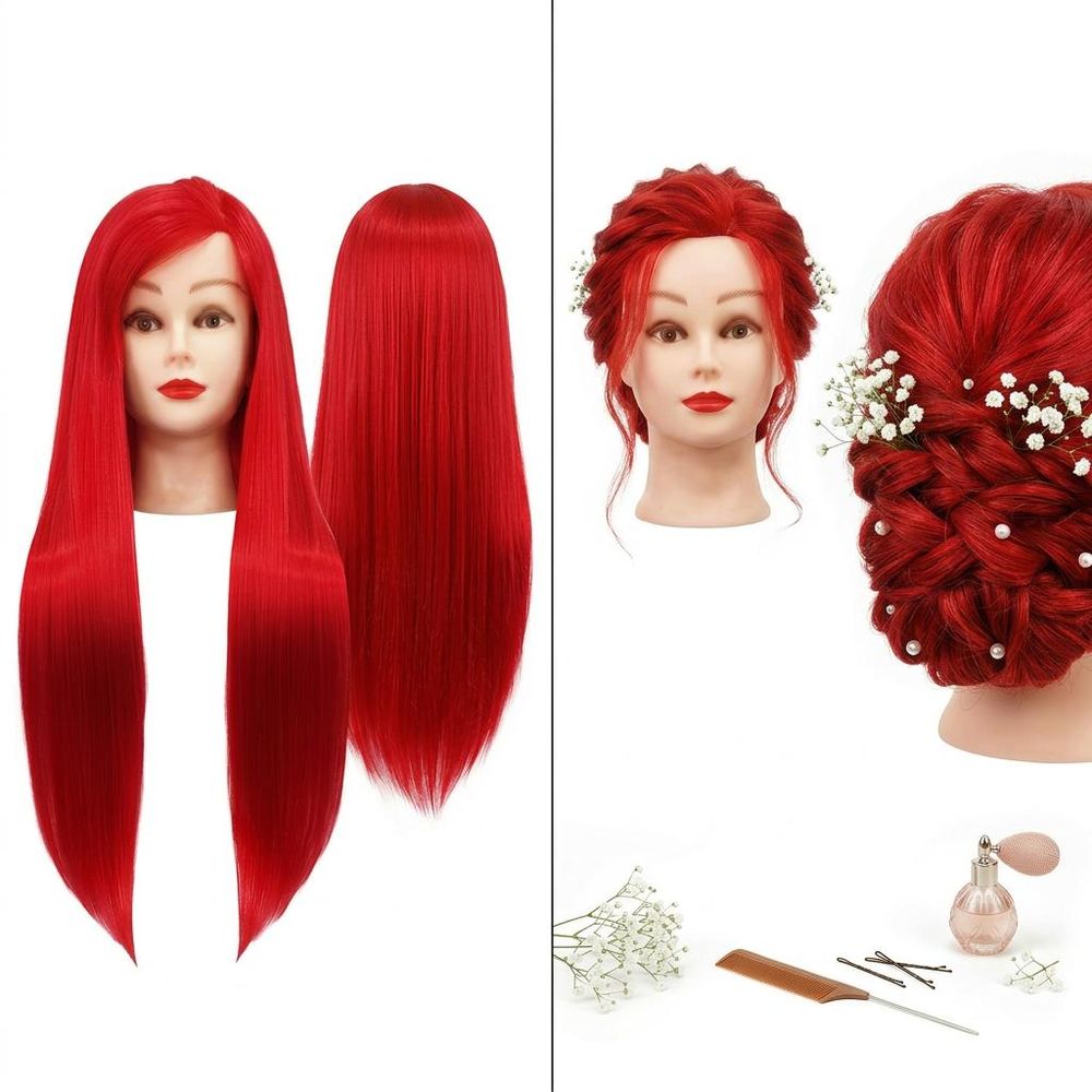 Testa manichino per parrucchieri Iza 80 cm rosso, capelli termici, con morsetto per allenamento e