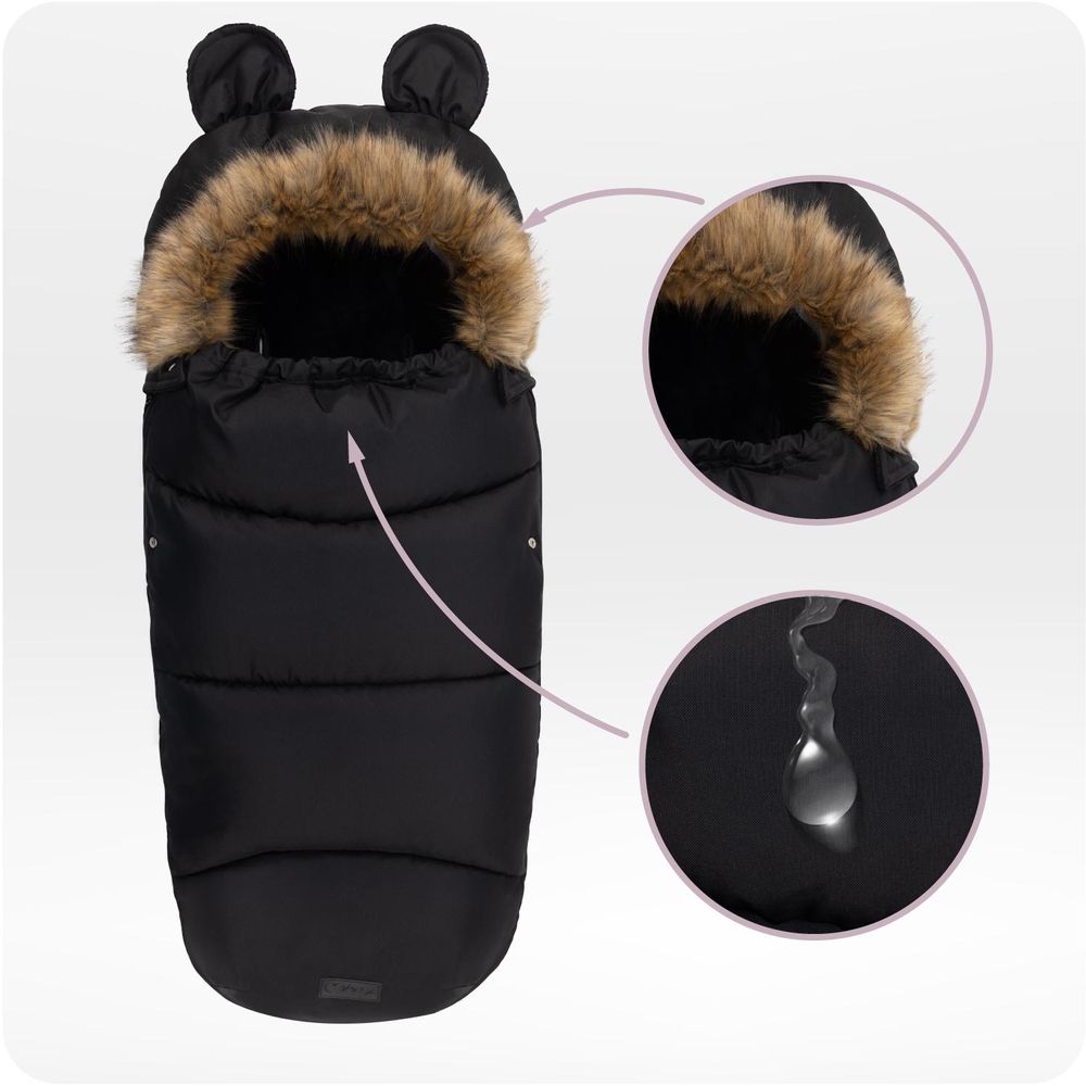 MoMi COZY – Universal-Fußsack für Kinderwagen, Fleece-Innenfutter, beidseitiger Reißverschluss & Kapuze mit Ohren – Schwarz
