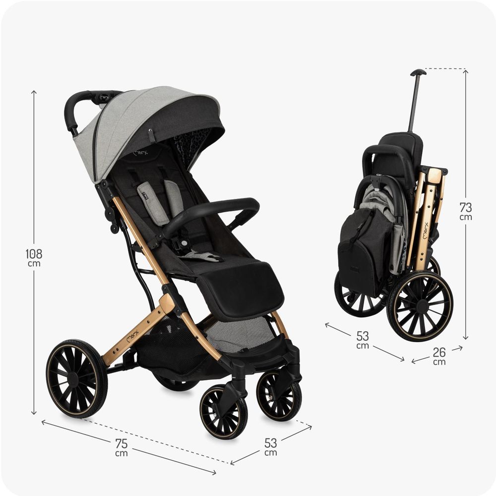 MoMi ESTELLE DAKAR – Ultraleichter Baby Kompaktbuggy mit XL-Rädern, Einhand-Faltung & Trolley-Funktion, inkl. Zubehör, ideal für Reisen – Grau