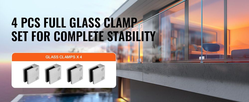 VEVOR Glaszange, 4 Stück Rechteckige Glasgeländerhalterung für 0,31 "-0,47 " Einscheibensicherheitsglas, 304 Edelstahl Glasmontagezange, 0,2" Dicke Glasregalhalterung für Balkon, Garten, Pool, Treppe, Silber, Quadratisch