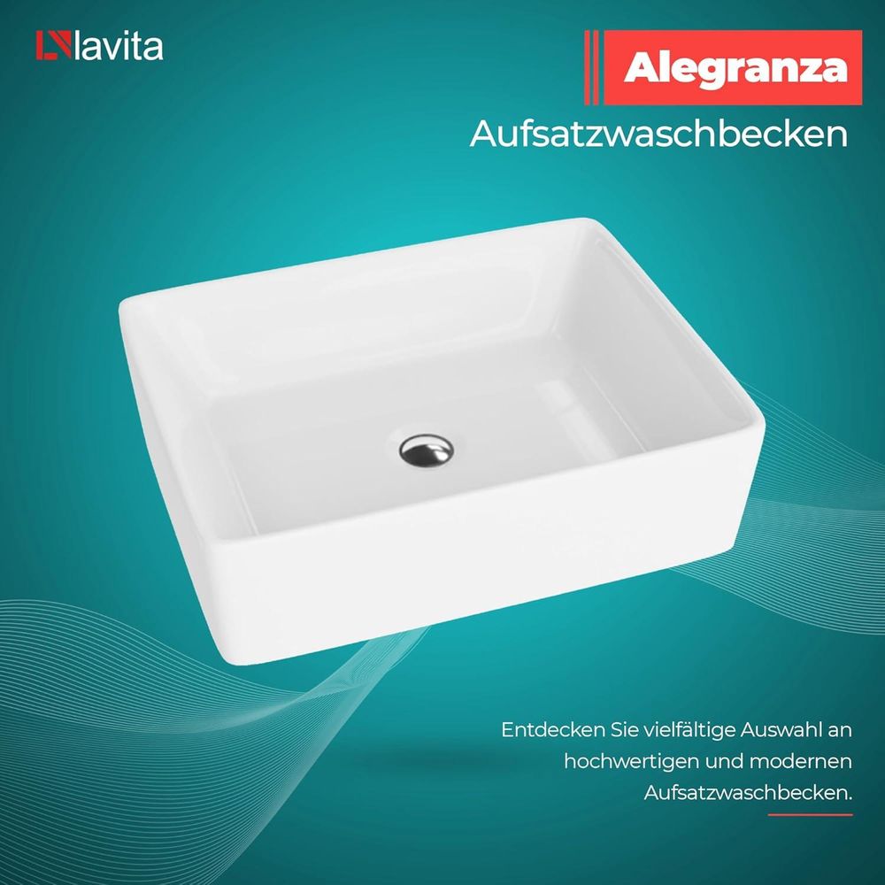 LAVITA Aufsatzwaschtisch Alegranza| Aufsatzwaschbecken Rechteckig | Waschbecken Ohne Überlauf und Hahnloch | Aus hochwertigem Porzellan | Waschtisch | 49x38x13,5 cm | Weiß Glanz