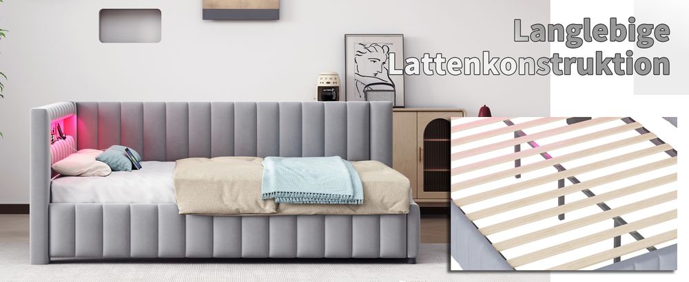 MODFU Schlafsofa Tagesbett 140x200cm mit LED-Licht und USB-Ladeanschluss,Polsterbett Daybett mit mit Rückenlehne, Kinderbett Jugendbett,Hellgrau(Ohne Matratze)