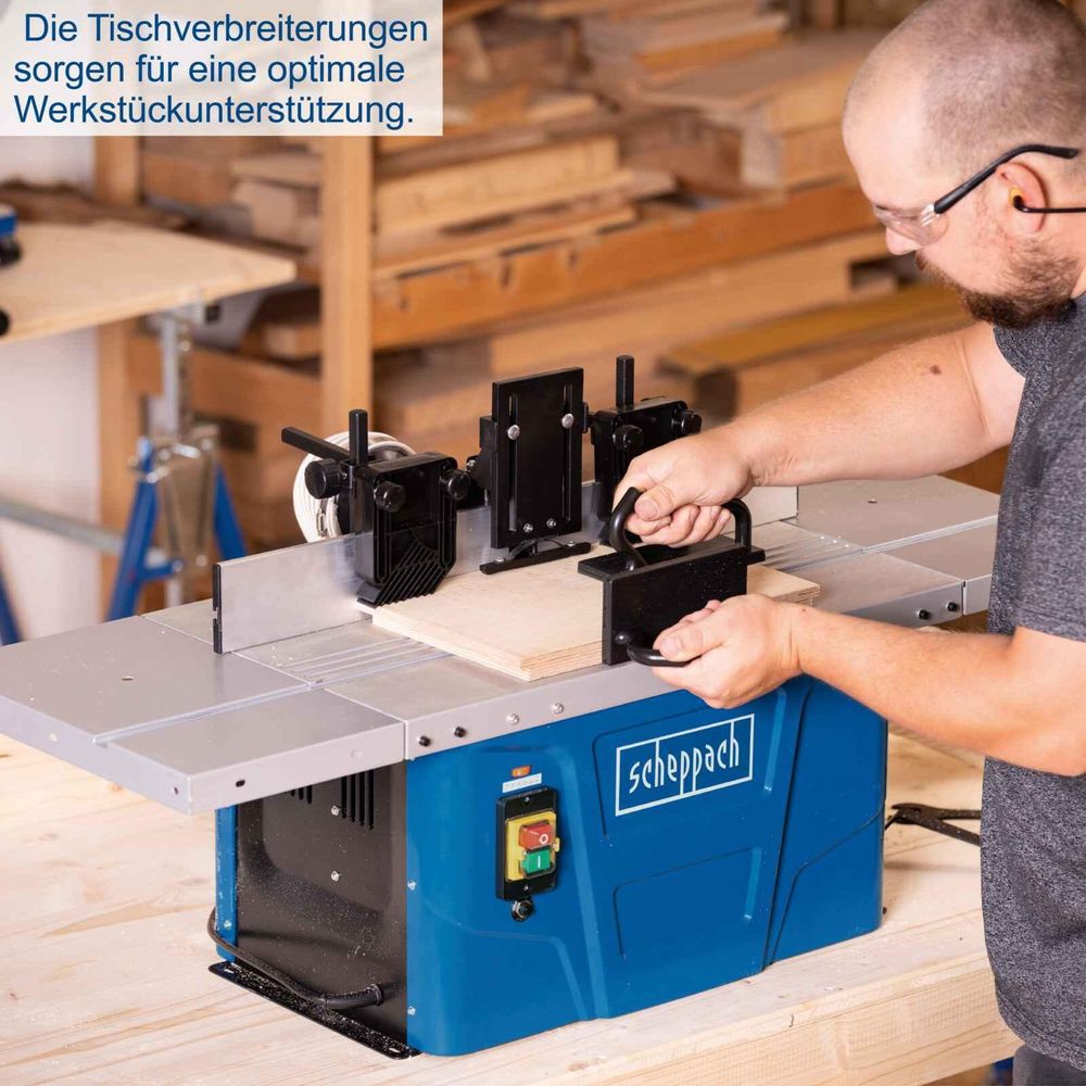 Das Bild zeigt eine Person bei der Arbeit mit der Holzfräse.