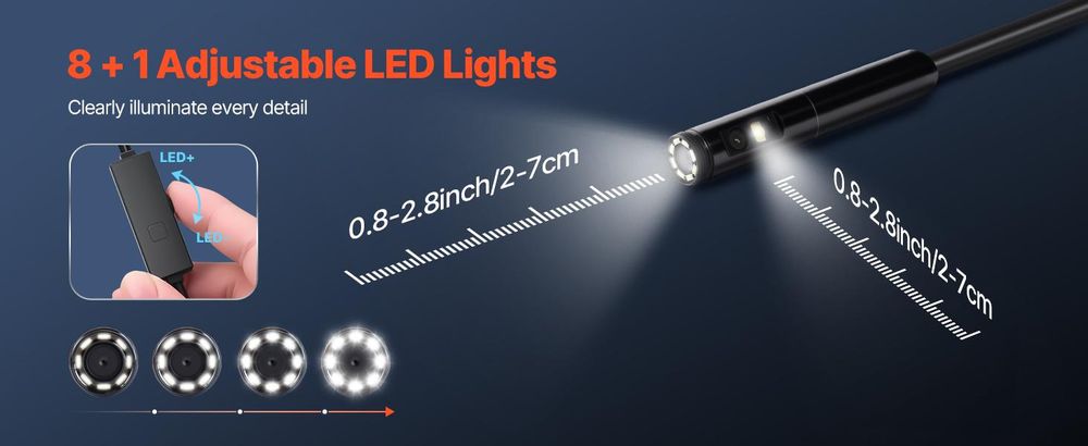 VEVOR Endoskopkamera mit Licht, Dual-Linsen-Boreskop für Android & IOS, 1920P HD Inspektionskamera mit 8 + 1 LED-Licht, 2X Zoom, 5m Schlangenkabel, IP67 wasserdichte Schlangenkamera für Auto, Sanitär, 5 m, Doppellinse