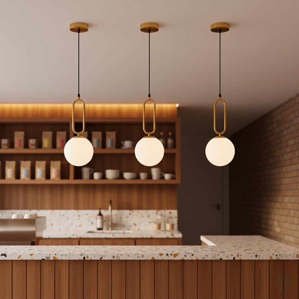 MasterLED Hängeleuchte Gold 1-flammig E27, LED-kompatibel, Pendellampe Weiß Kugel Modern, max. 35W, 100cm