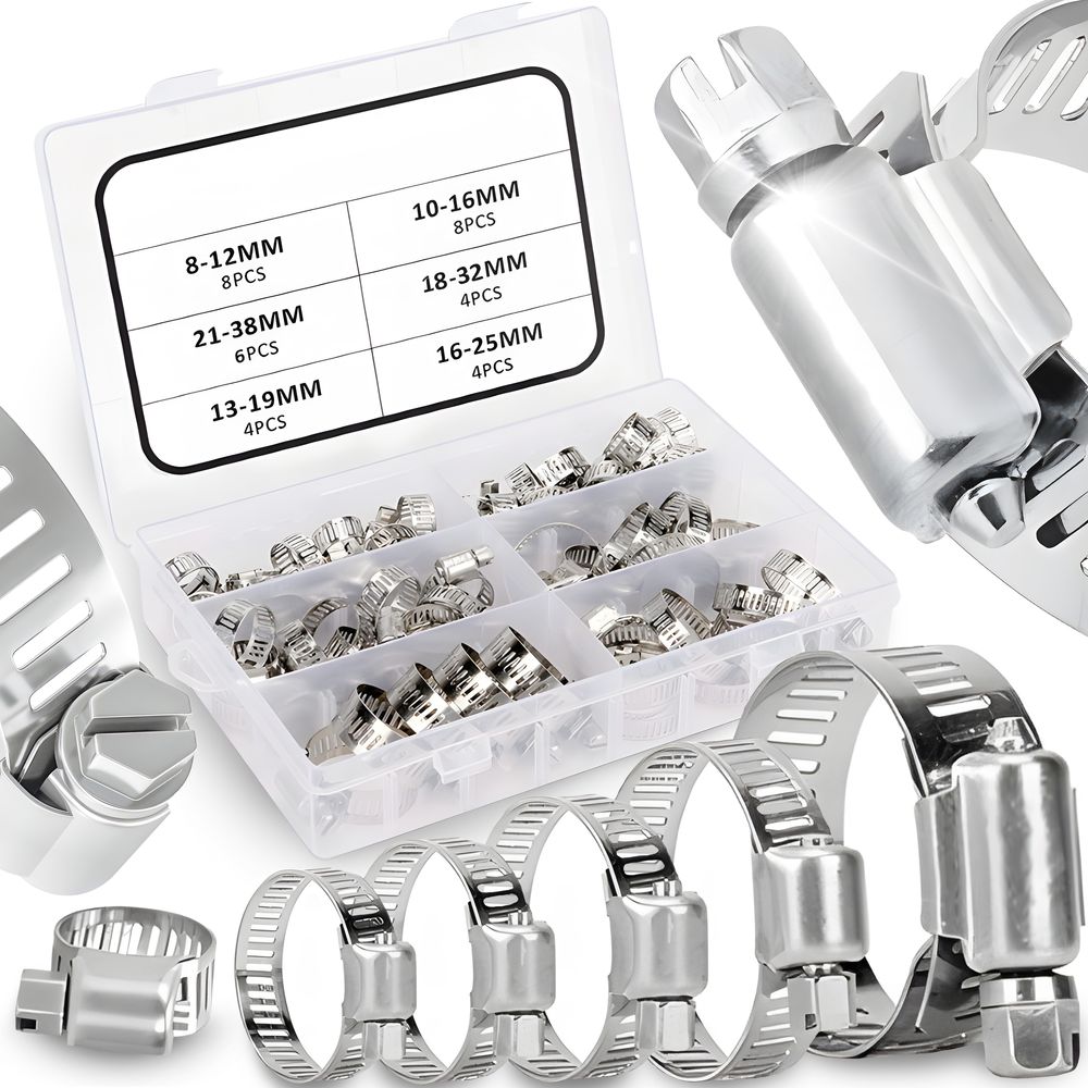 34-tlg Schlauchschellen-Set 16-32 mm mit Kasten, Schneckengetriebe Metall, Metallklemme, Retoo
