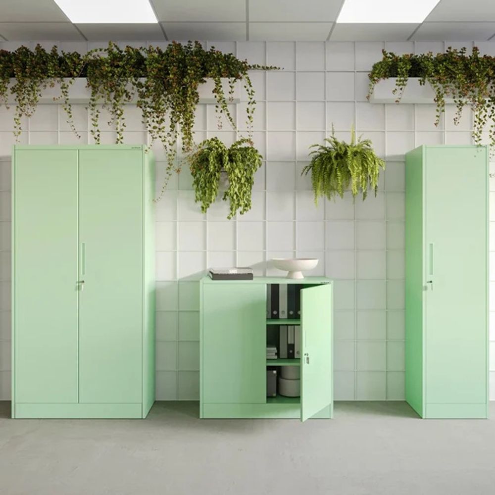 Kleiner Aktenschrank C001B Büroschrank mit Flügeltüren Metallschrank Lagerschrank Pulverbeschichtet Stahlblech Abschließbar 92,5 x 90 x 40 cm, Farbe: Pastellgrün