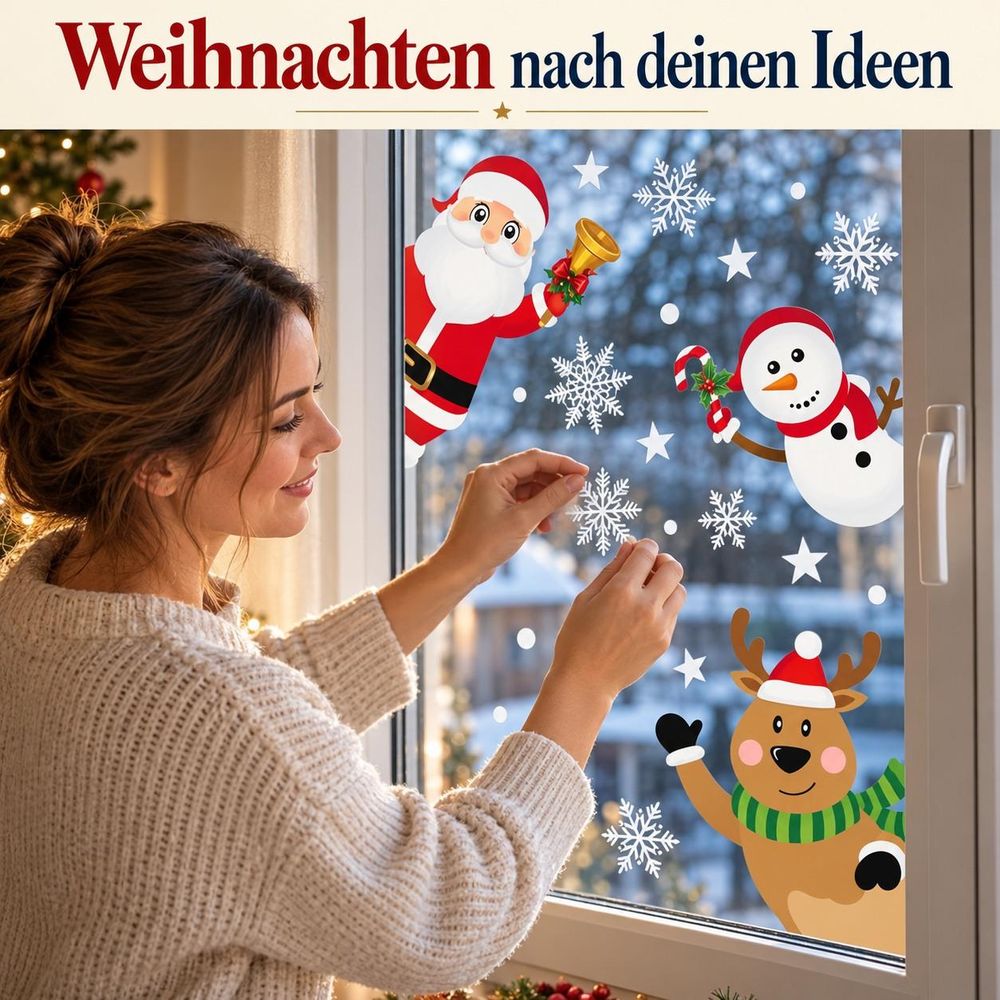 Erwachsene Person beim Anbringen von Fensterbildern im Innenbereich