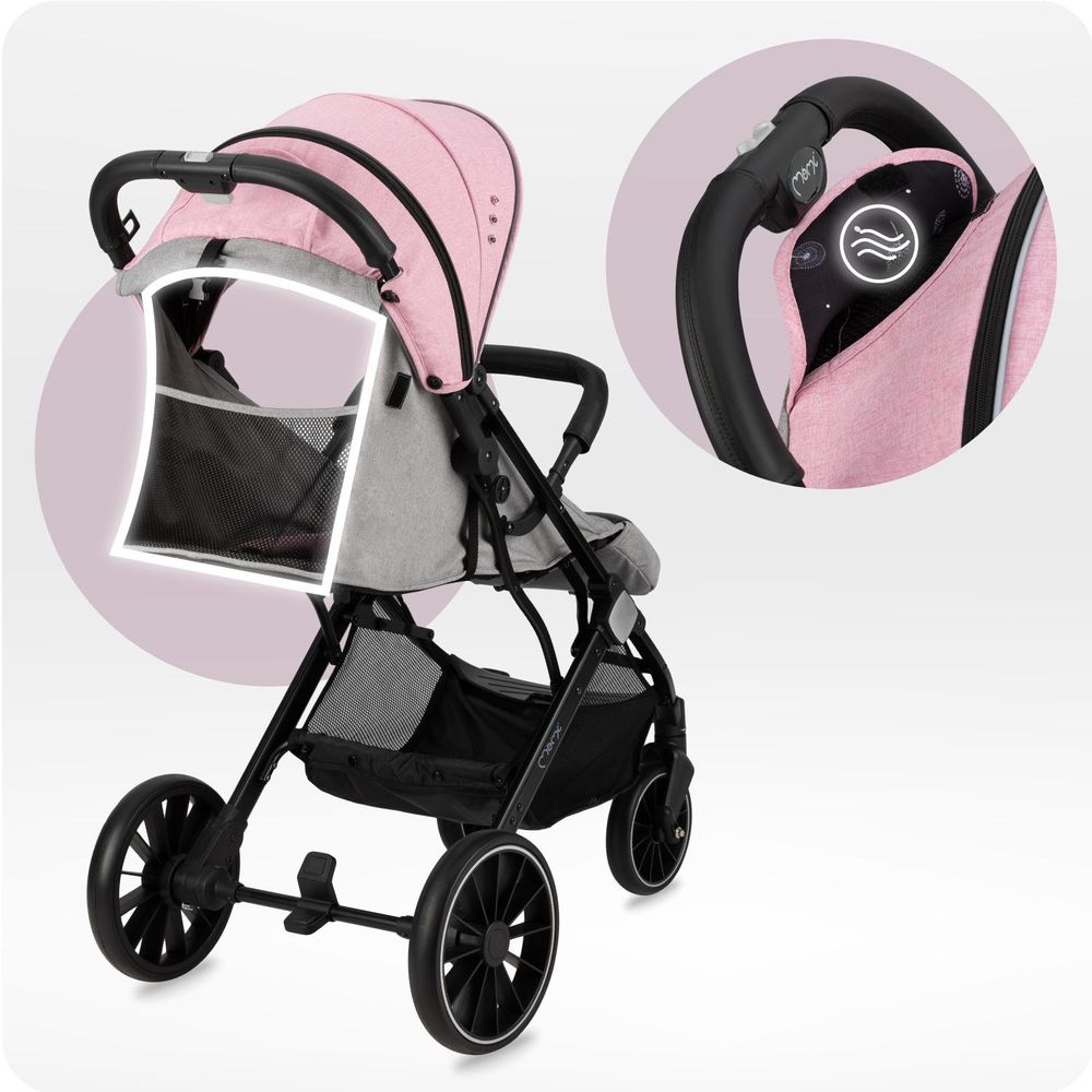 MoMi ESTELLE DAKAR – Ultraleichter Baby Kompaktbuggy mit XL-Rädern, Einhand-Faltung & Trolley-Funktion, inkl. Zubehör, ideal für Reisen – Grau/Rosa