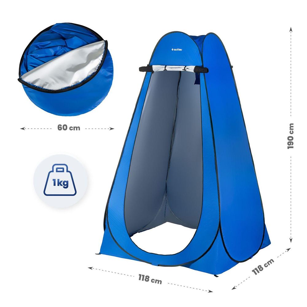 Abmessungen des Pop-up-Umkleidezeltes. Höhe 190 cm, Breite 118 cm, Gewicht 1 kg