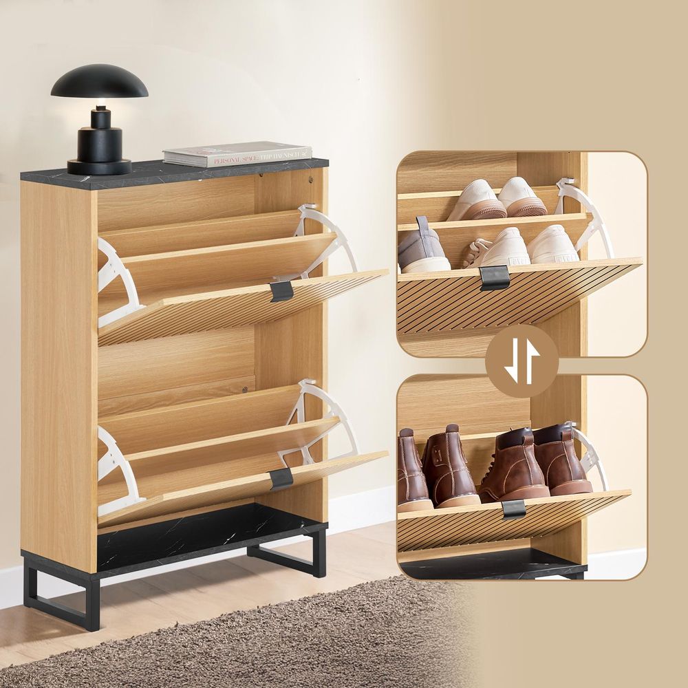 SoBuy Schuhschrank schmal schuhkipper platzsparendes Schuhregal mit Klappen modernes Design für 8-12 Paar Schuhe bis 30 kg schwarz/hellholz FSR202-N