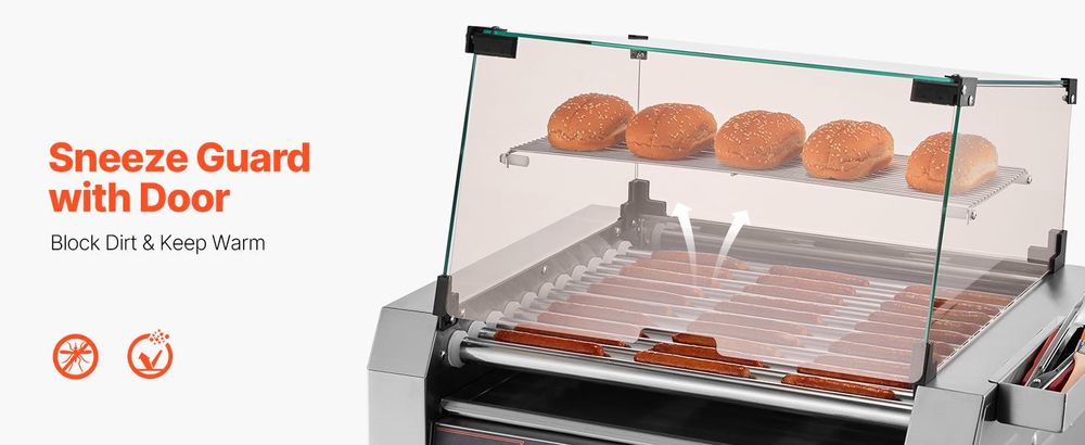 VEVOR Hot Dog Grill Maschine Hot dogs 11 Rollen Edelstahl, 2200 W, Elektrogrill mit Abdeckung & 2 Temperaturregler & seitlicher Aufbewahrungsbox