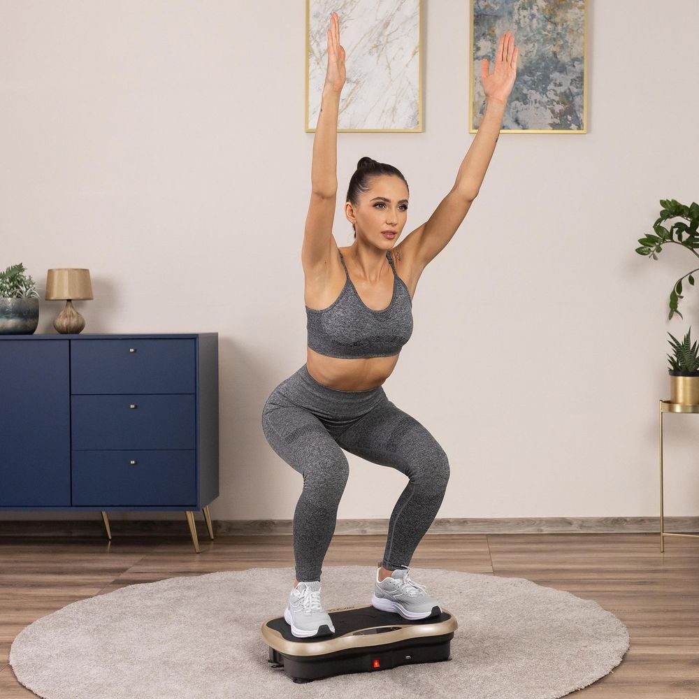 Gymtek® Vibrationsplatte Vibrotrainer - bis 180kg - 5 Ausbildungsprogramme, 99 Stufen - 2 Expanderbänder - Bluetooth, Fernbedienung, LCD, Lautsprecher