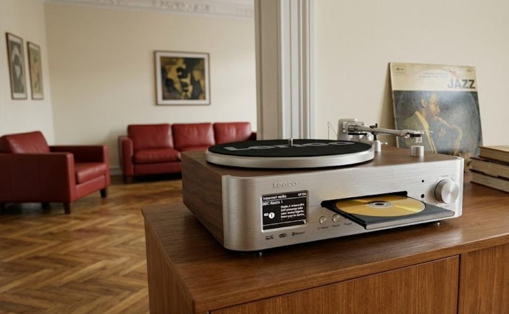 Lenco MC-860WDSI – HiFi-Stereoanlage mit Plattenspieler und Lautsprechern – Internetradio, DAB+, UKW, Bluetooth®, CD-/MP3-Player – Holz/Silber