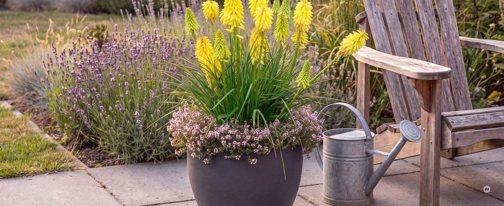Kniphofia 'Lemon Popsicle' im Kübel auf der Terrasse
