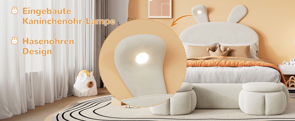 MODFU Kinderbett Polsterbett 140×200 cm mit warmfarbene LED-Licht, Jugendbett Doppelbett mit Kopfteil in Hasenohrenform und zwei Aufbewahrungshockern, Samt(Ohne Matratze), Boxspringbett Hydraulisches mit Bettkasten Stauraum, Samt Beige