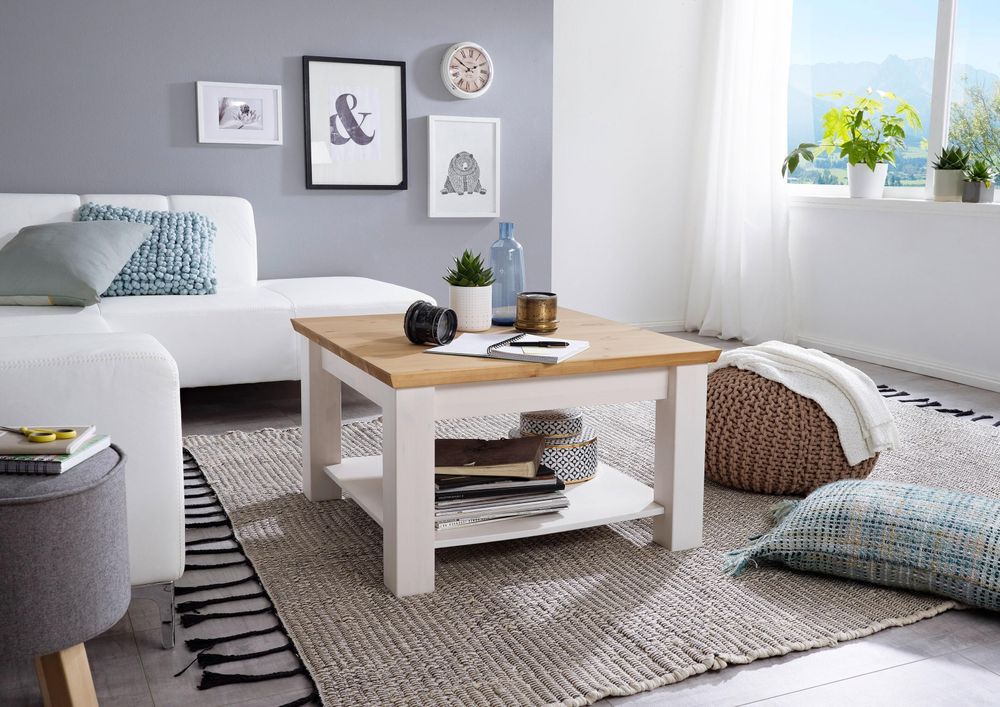 Lebenswert Couchtisch WZ-0133 – Couchtisch im Landhausstil mit Ablageboden und massivem Kiefernholz