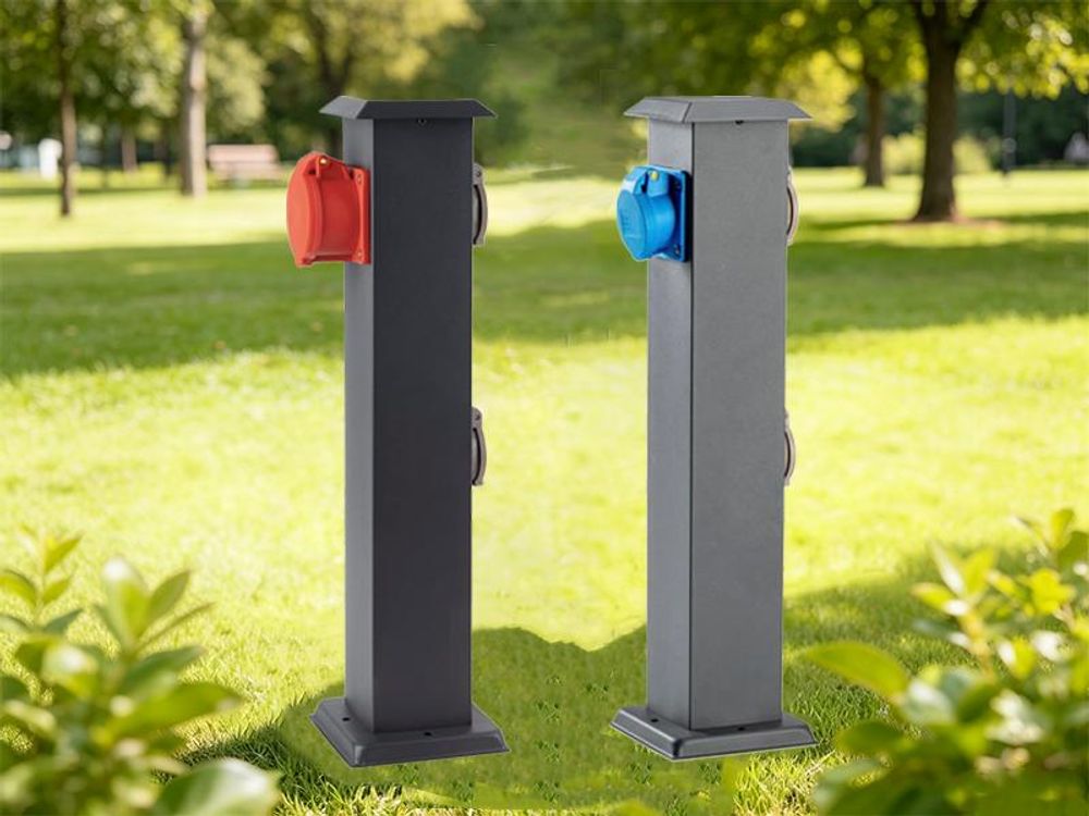 Garten Steckdosensäule Edelstahl IP44, zum Laden von E-Autos, 2x 230V 16A Steckdosen +1x CEE 400V 16A 5-polig, Höhe 50cm, Anthrazit