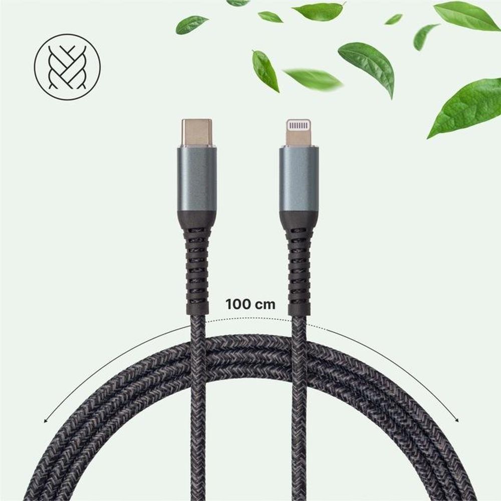 QUALO Recycling USB-C/Lightning Kabel 2,4 A 1 m QRC-CL-01 Schnellladung 27 W, langlebig, knickfest