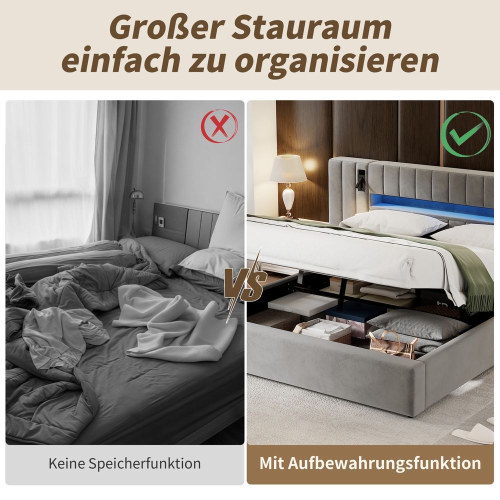 MODFU Polsterbett 180 x 200 cm mit Bettkasten und USB-Anschluss,Funktionbett mit LED-Beleuchtung,Bettgestell ohne Matratze,grau