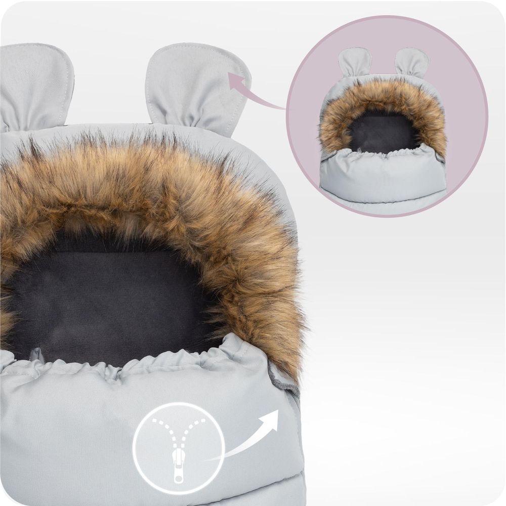 MoMi COZY – Universal-Fußsack für Kinderwagen, Fleece-Innenfutter, beidseitiger Reißverschluss & Kapuze mit Ohren – Grau