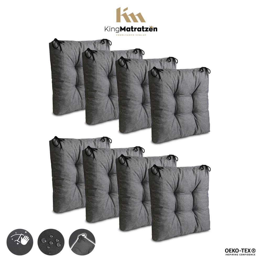 Sitzkissen 8er Set 40 x 40 cm Polster | Wasserdichtes Stuhlkissen mit Bindebänder: Grau