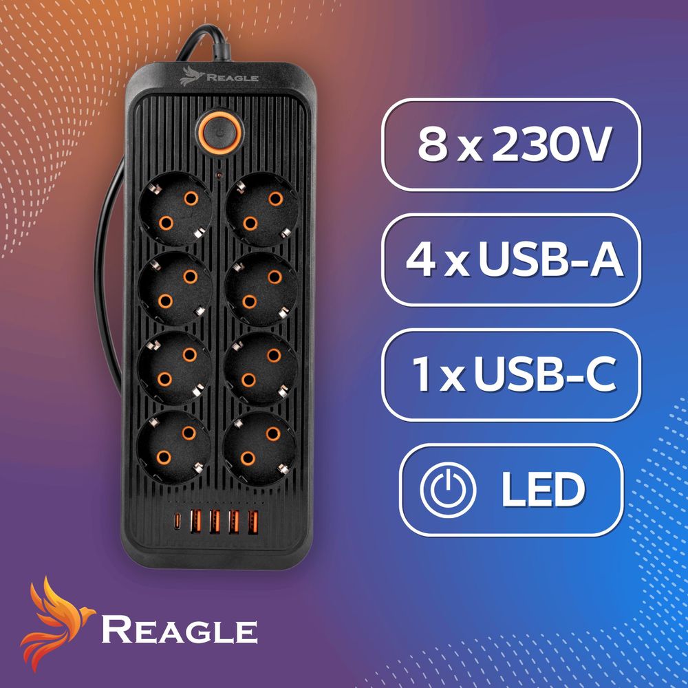 Reagle 3M Steckdosenleiste Mit Überspannungsschutz, 8 Steckdosen, 4X Usb, 1X Usb-C, Schalter, Mehrfachsteckdose, Verlängerungskabel