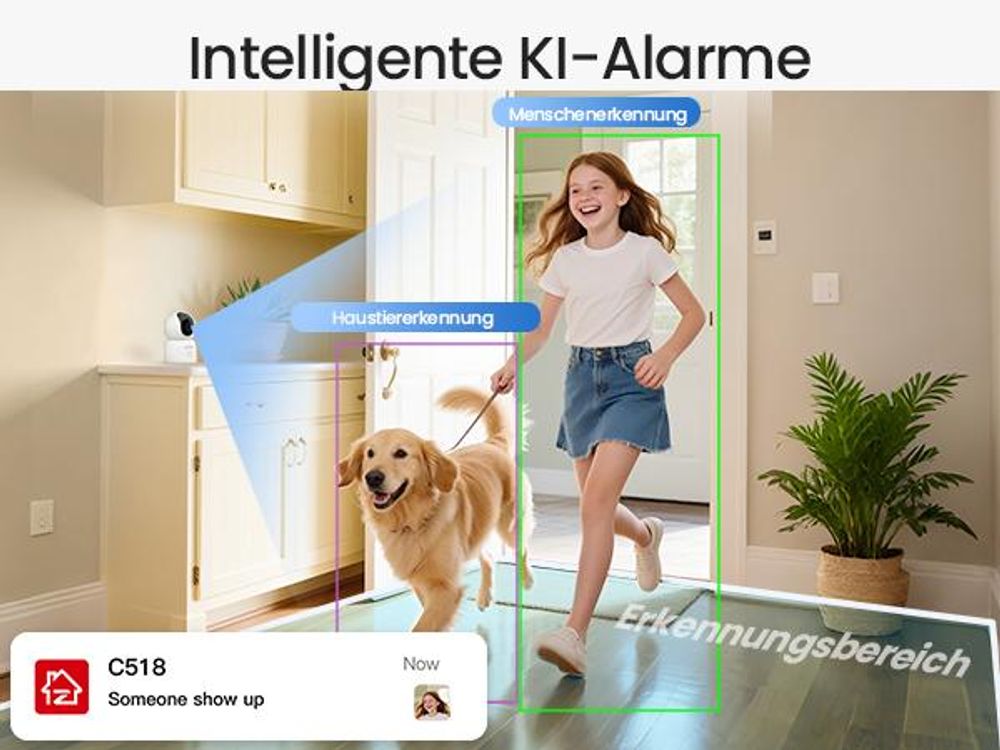 ZOSI 4K PTZ Überwachungskamera Innen WLAN mit 64GB Karte, 2,4/5Ghz WiFi, Personen-/Haustiererkennung & Verfolgung, One-Touch-Call, C518