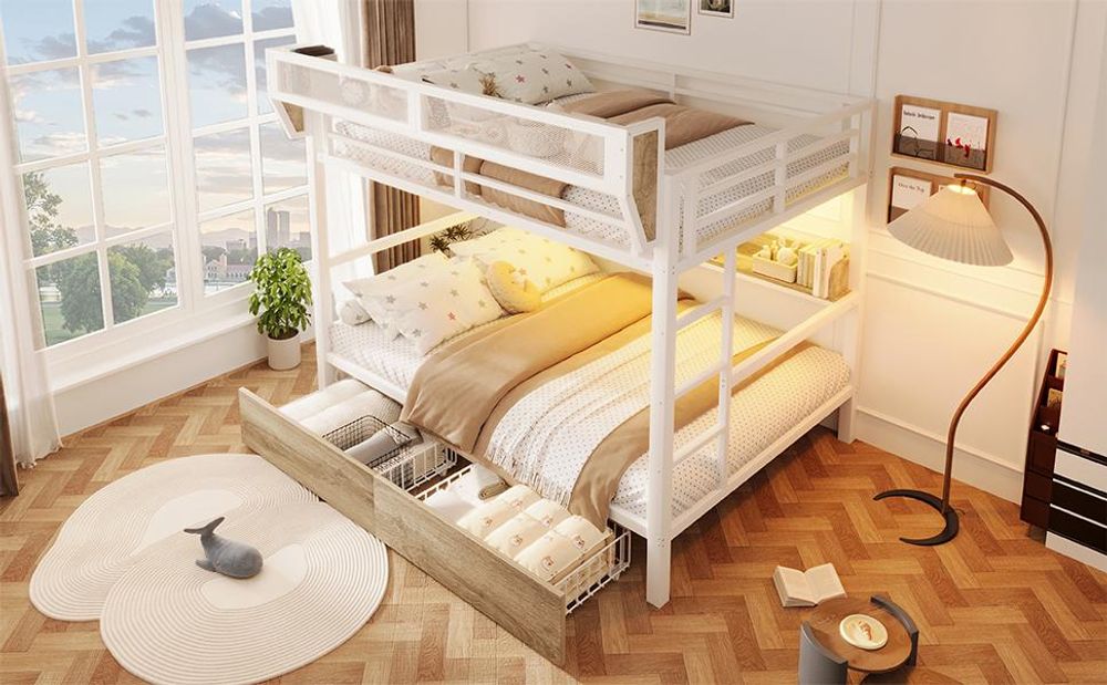 Merax Etagenbett Hochbett 140x200 cm, Metallbett mit LED Beleuchtung, 2 Schubladen, Ablagebord, Aufbewahrungskorb, Stauraum Bett, Kinderbett, Weiß