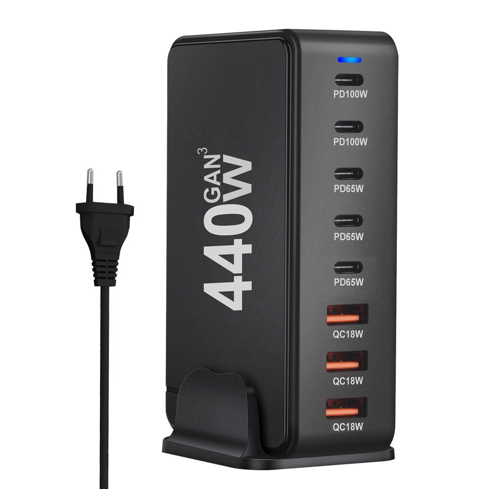 440W GaN III Ladestation 8 Ports 2x USB C PD 100W 3x 65W USB A QC 3.0 Schnellladegerät für Gaming Laptop MacBook Smartphone Tablet PC Schwarz