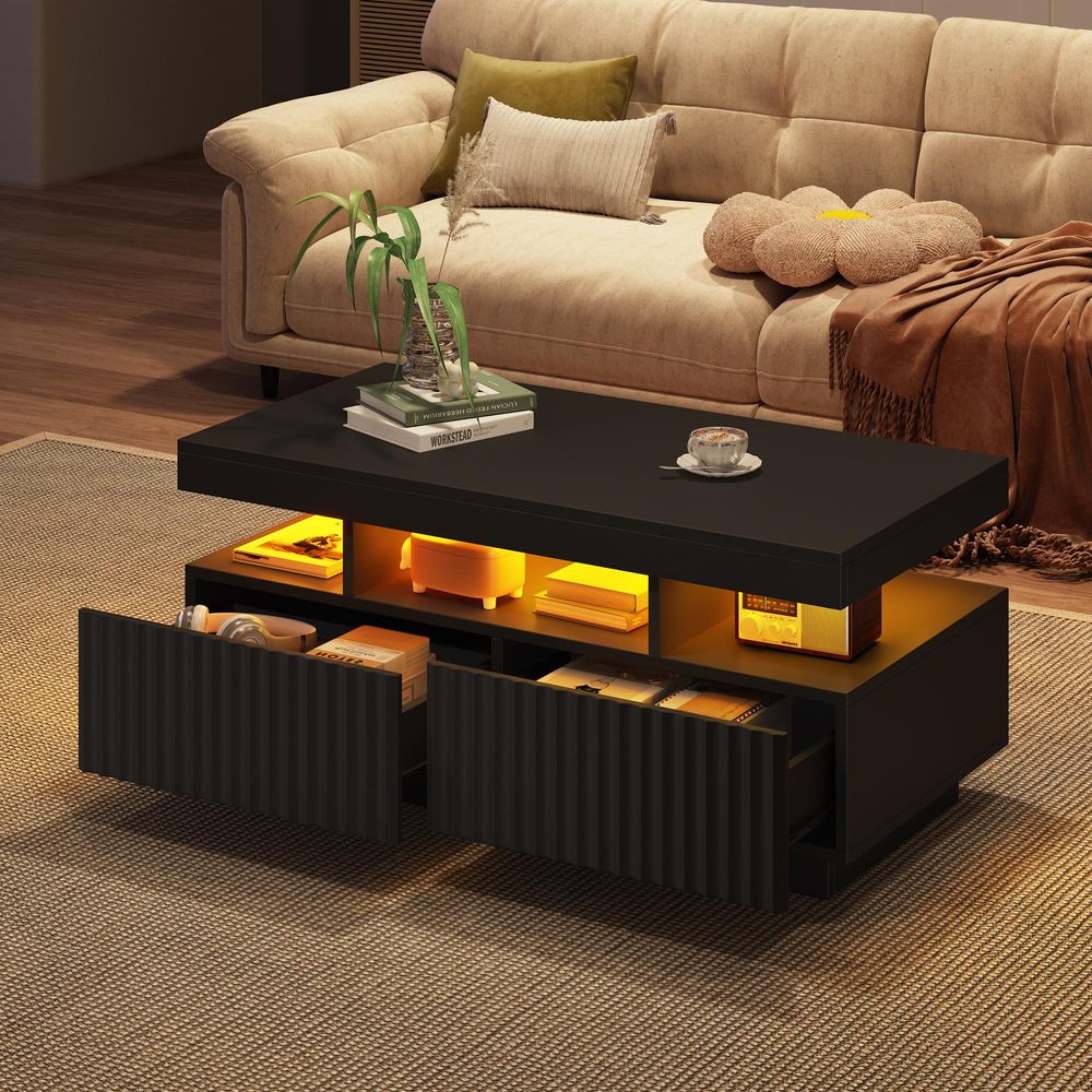 Merax moderner Couchtisch mit LED und 2 Schubladen Wohnzimmertisch mit offenem Fach,Sofatisch vertikale Streifenoptik,vakuumgeformter Teetisch Schwarz