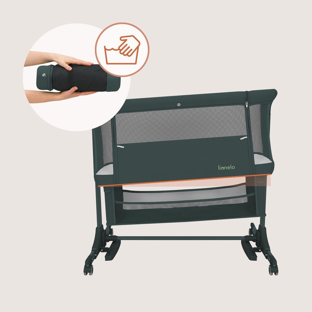 Lionelo Jodie 3in1 Baby Beistellbett Wiege Babybett Höhenverstellbar Matratze Moskitonetz - Grün