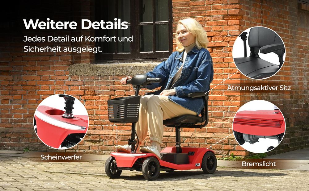 S2 Senioren-Elektromobil, 250W, 12Ah, Traglast bis 136 kg, 9-Zoll-Vollgummireifen, intelligente elektromagnetische Bremse, schwarz