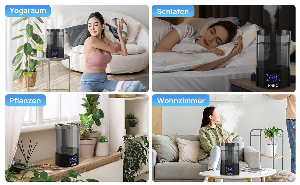 KNKA Luftbefeuchter Schlafzimmer, 4L Top-Fill Humidifier bis zu 30H, BPA-Frei, 30dB Leise Klein Raumluftbefeuchter für Kinderzimmer, Pflanzen, Schwarz