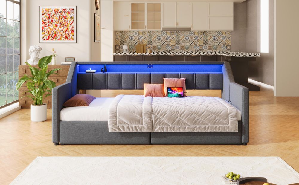 Merax Tagesbett 90x200 cm, Schlafsofa mit Ausziehbett und 2 Schubladen, LED-Leiste, USB & Type-C, Aufbewahrungstaschen, Leinen Daybett, Grau