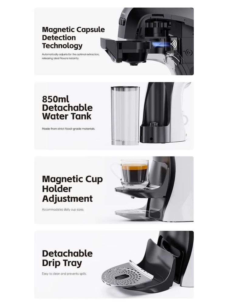 HiBREW H3B 3-in-1 Kapsel-Kaffeemaschine mit 19 Bar Druck, 850 ml Wassertank, 1100 W Leistung, kompatibel mit mehreren Kapselsystemen