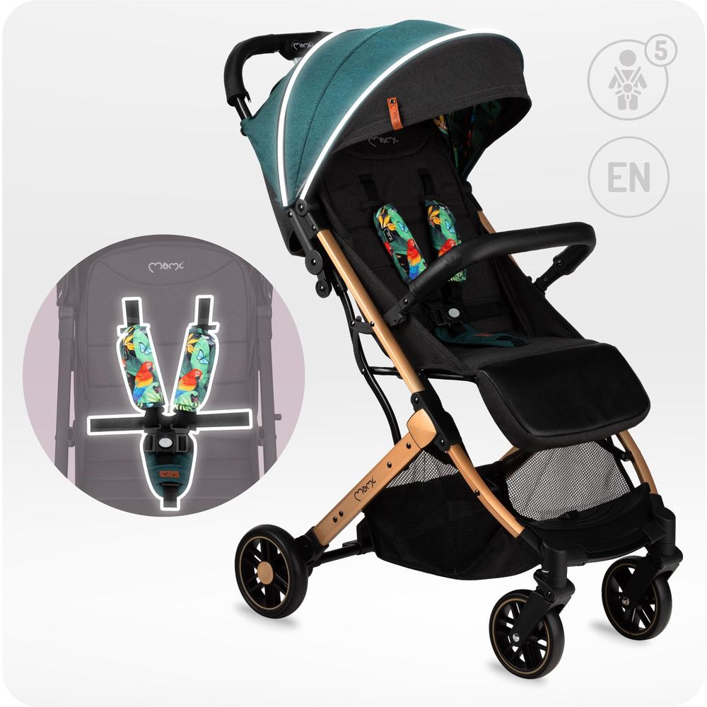 MoMi ESTELLE – Ultraleichter Baby Kompaktbuggy 7,7 kg mit Einhand-Faltung, Trolley-Funktion & Liegeposition, ideal für Reisen – Grün/Gold
