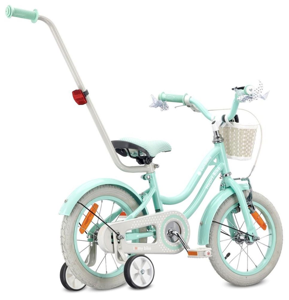 Bicicleta infantil con barra de empuje y ruedines, vista lateral