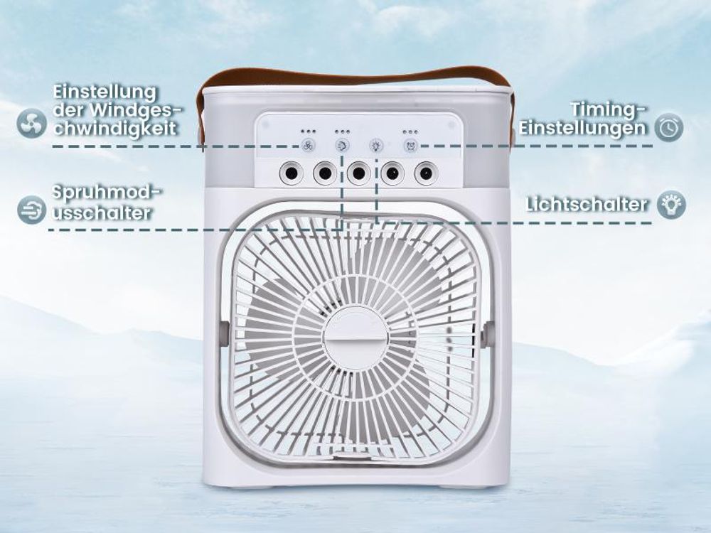 Standventilatoren, Luftkühler mit Wasserkühlung, Ventilator, mit 600 ml Wassertank, 3 Geschwindigkeiten, 7 Farben Nachtlicht, mit Wassernebel Spray